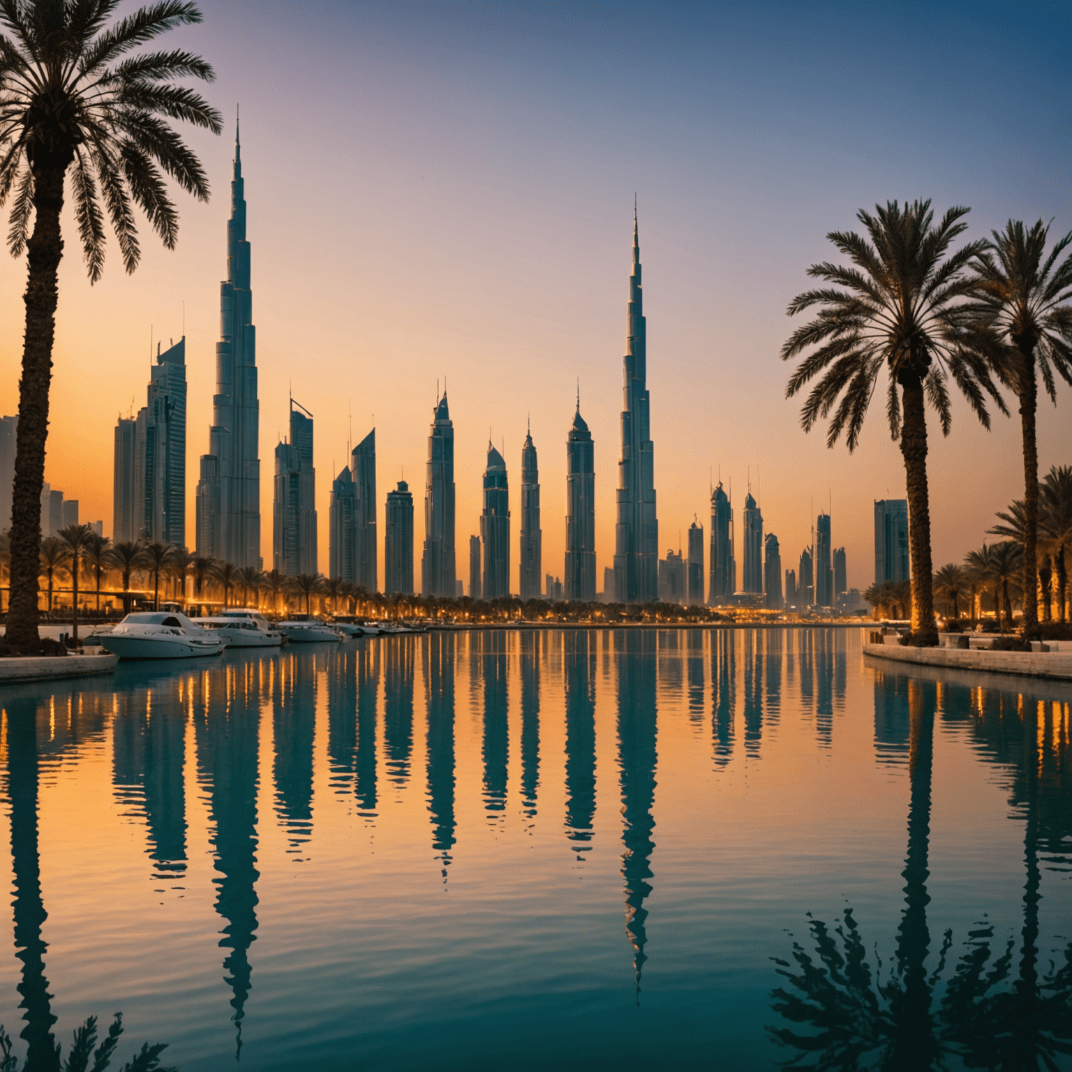 Luxurious Dubai skyline view with Burj Khalifa and modern skyscrapers reflecting in the calm waters of Dubai Creek at sunset. Palm trees in the foreground add a tropical touch to this urban oasis.