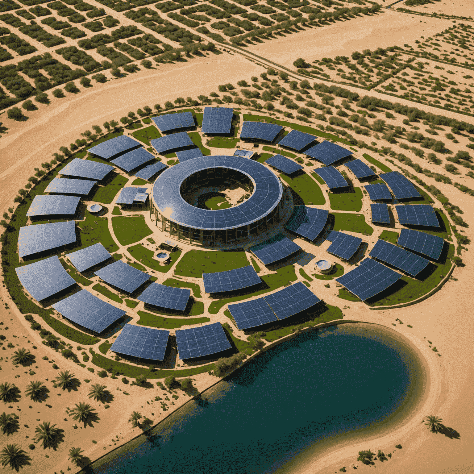 Aerial view of a sustainable eco-resort in the UAE desert, featuring solar panels, green spaces, and water conservation systems