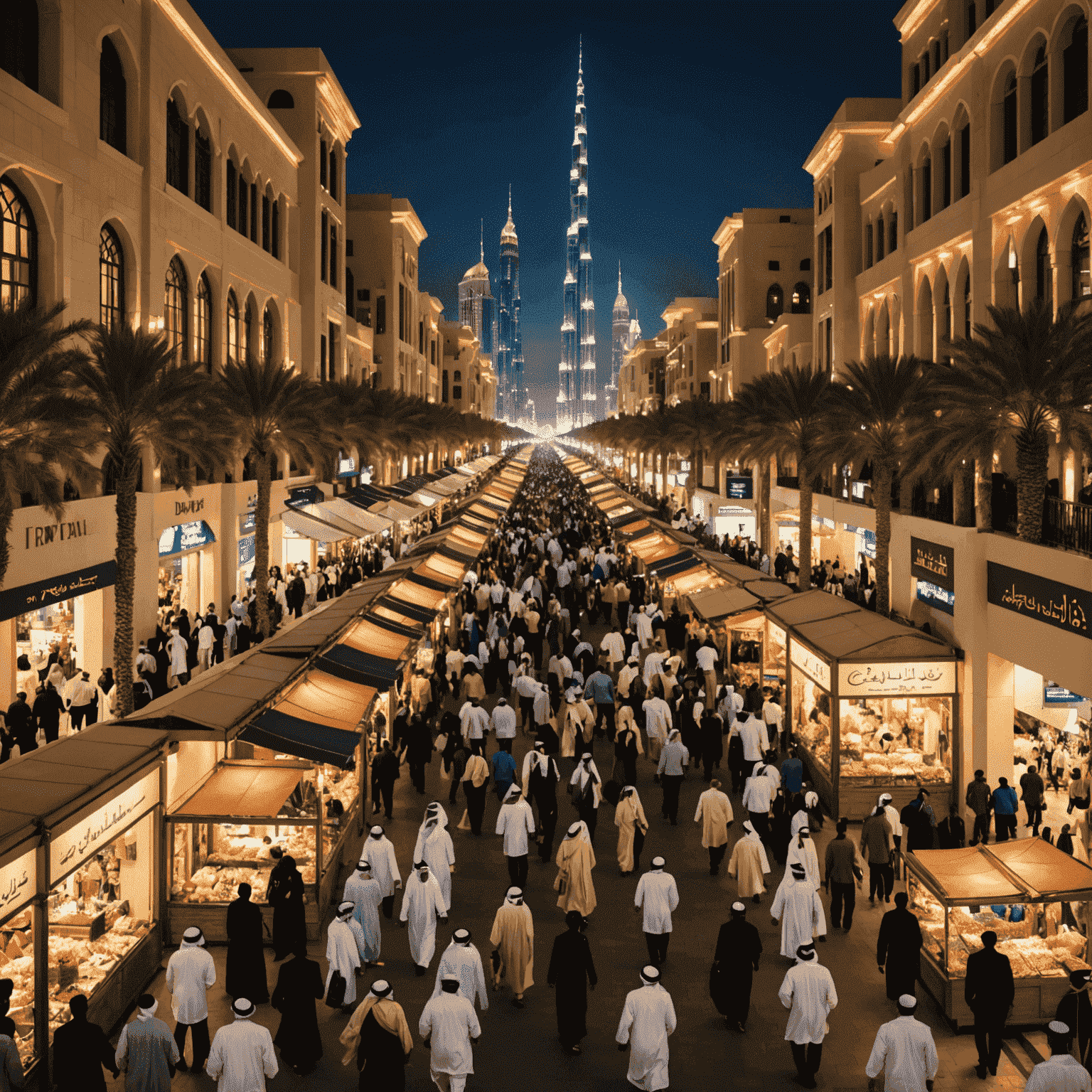Bustling streets of Dubai lit up for the Shopping Festival, with crowds enjoying sales and street performances