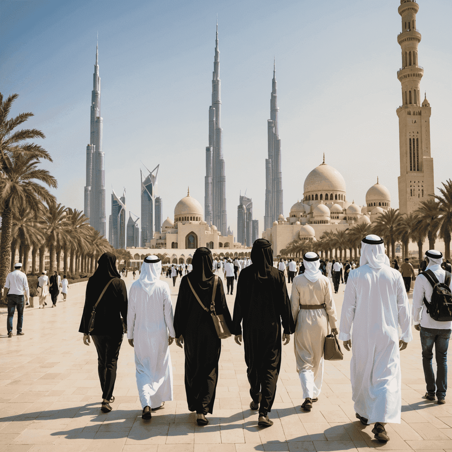 Group of tourists exploring iconic UAE landmarks with a knowledgeable guide, featuring Burj Khalifa and Sheikh Zayed Mosque in the background