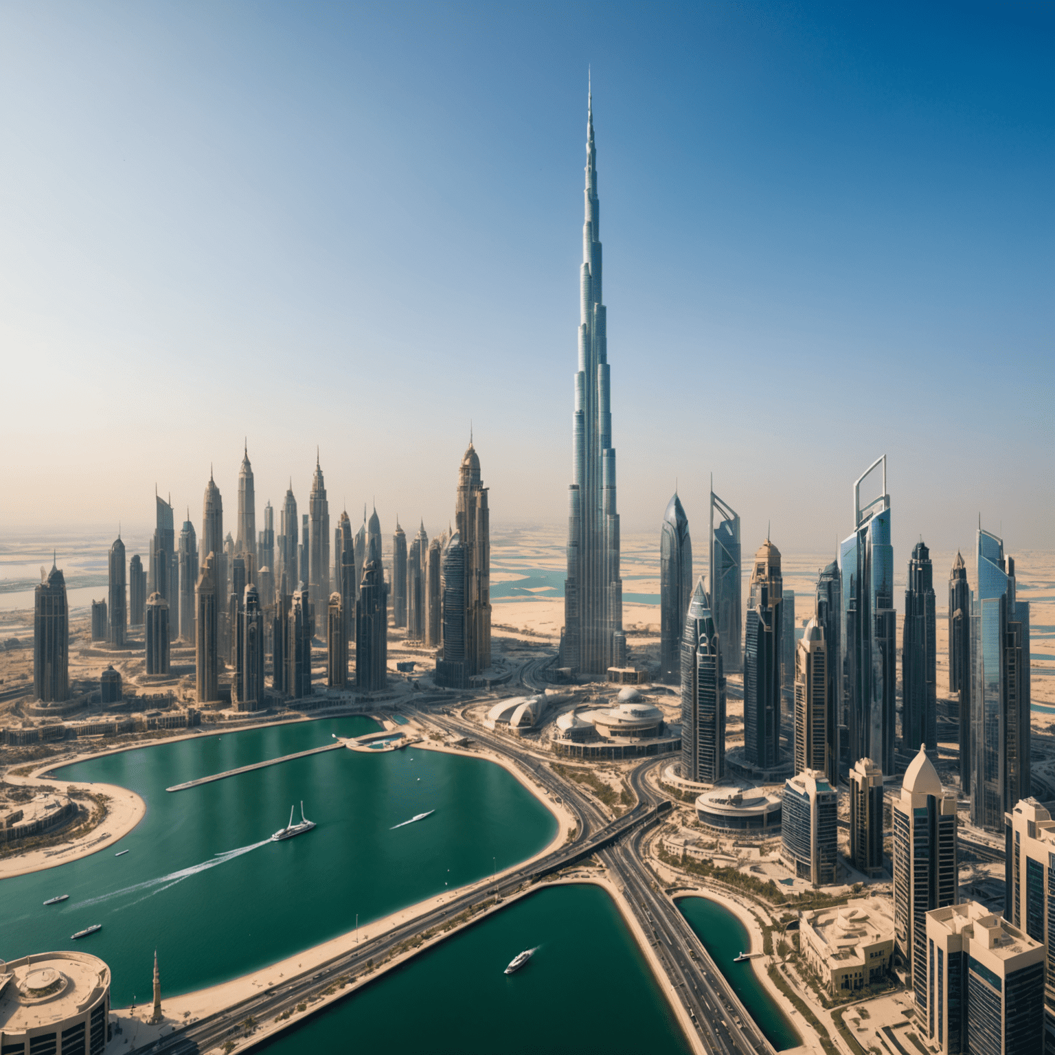 Panoramic view of Dubai skyline with Burj Khalifa, modern skyscrapers, and Dubai Creek