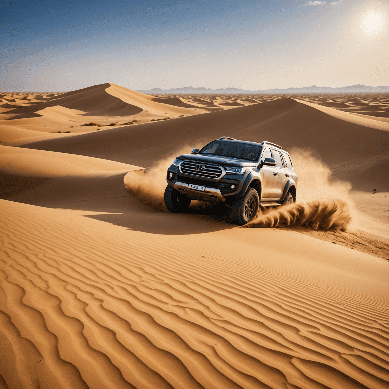 A thrilling dune bashing experience in the Arabian desert, with a 4x4 vehicle kicking up sand as it crests a golden dune against a backdrop of endless sand and blue sky
