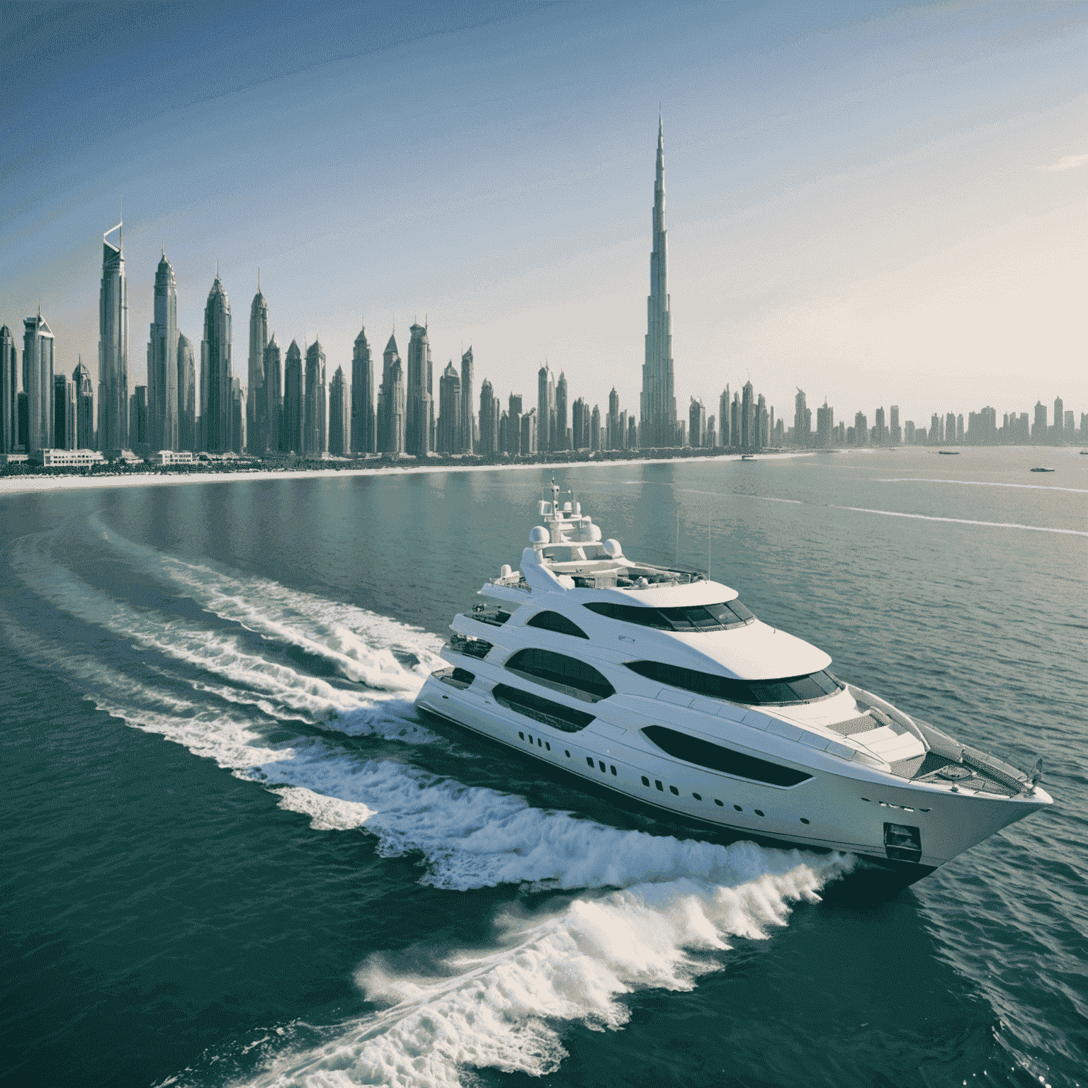 Luxurious yacht sailing in the Arabian Gulf with Dubai skyline in the background