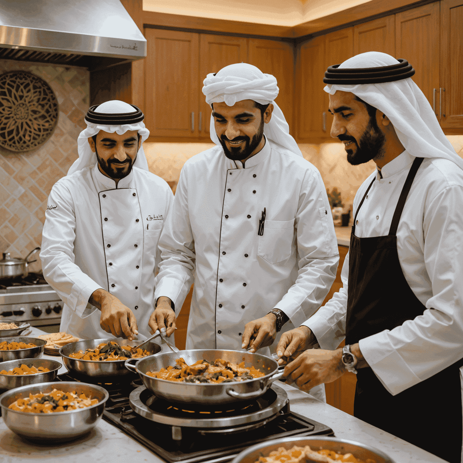 Emirati chef teaching traditional cooking techniques to tourists in a modern kitchen setting with Arabic decor