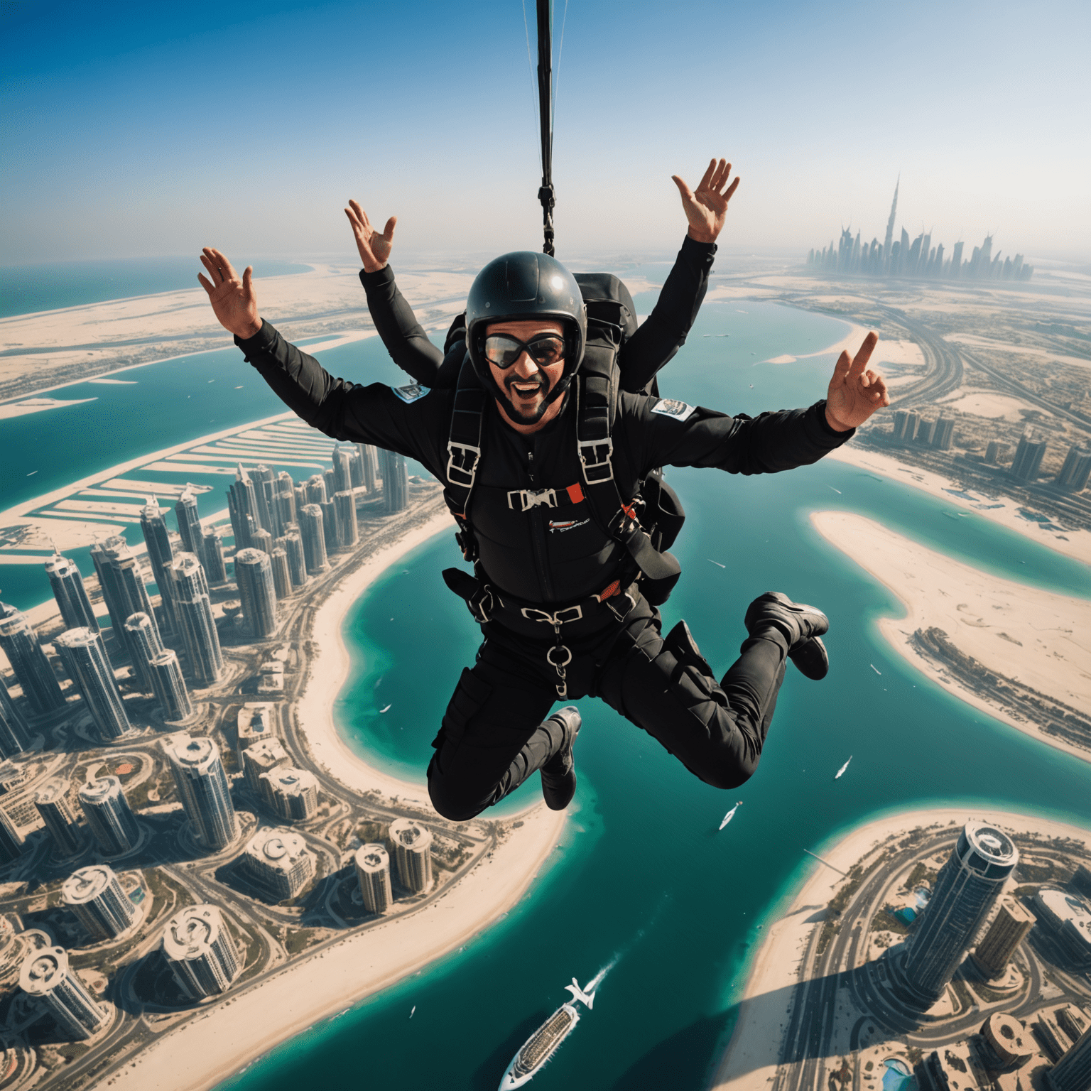 Skydiver falling through the air with a view of the Palm Jumeirah and Dubai skyline below