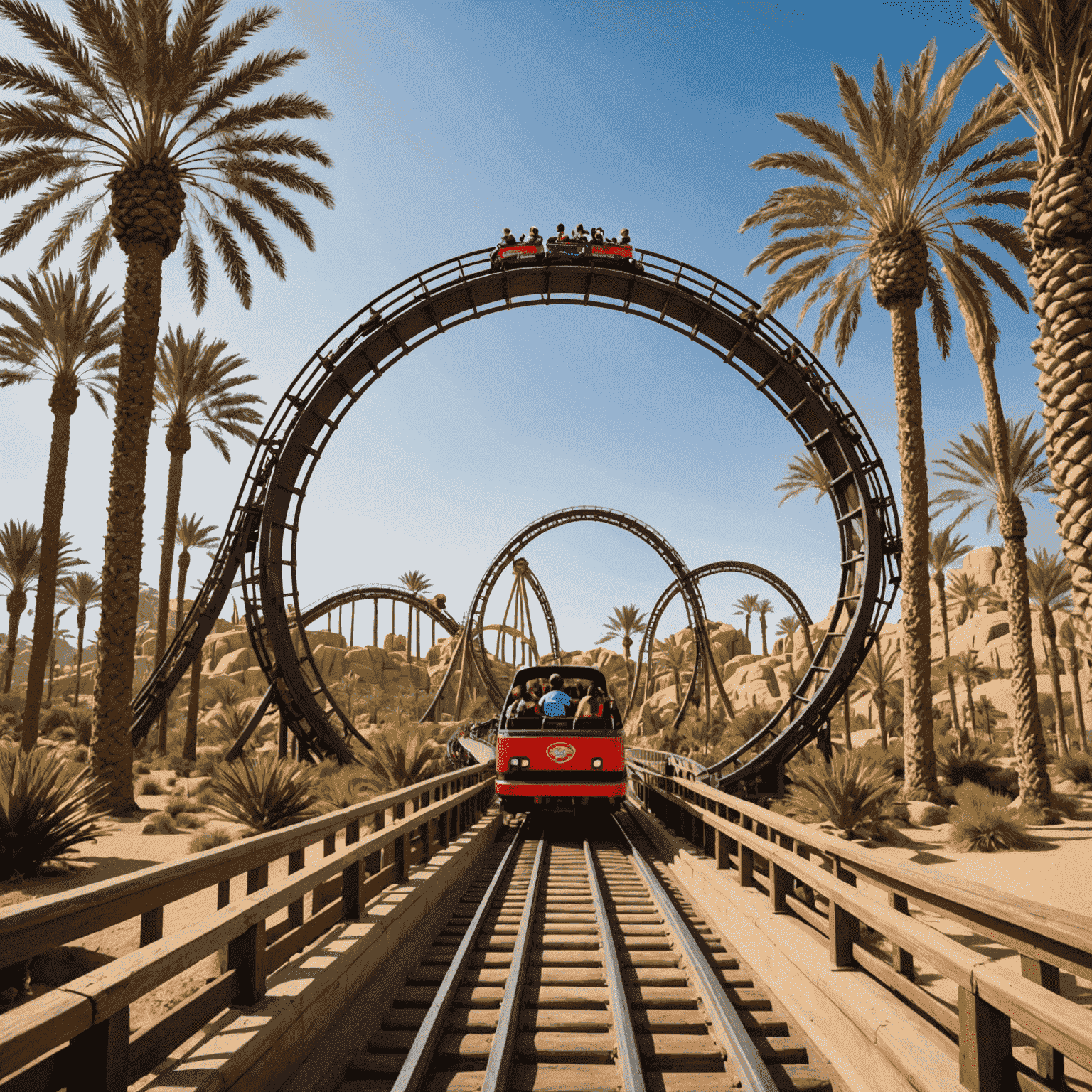 Exciting rollercoaster ride at a Dubai theme park, showcasing thrilling loops and turns against a backdrop of palm trees and desert landscape