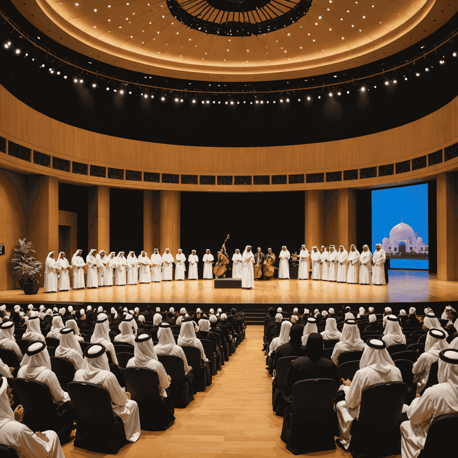 Grand concert hall with traditional Emirati performers on stage, audience in traditional dress