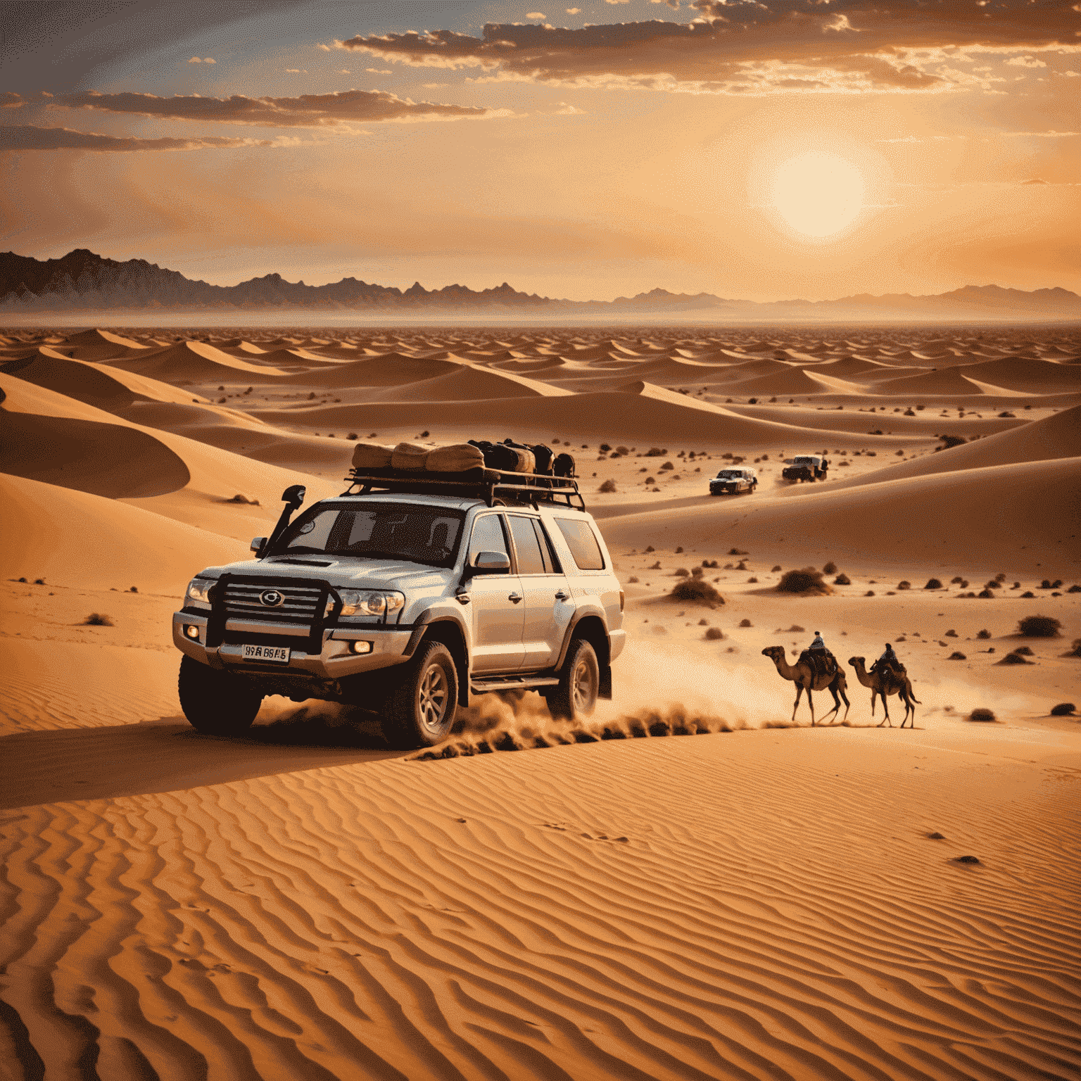 Thrilling desert safari scene with 4x4 vehicles dune bashing, camels in the background, and a traditional Bedouin camp at sunset