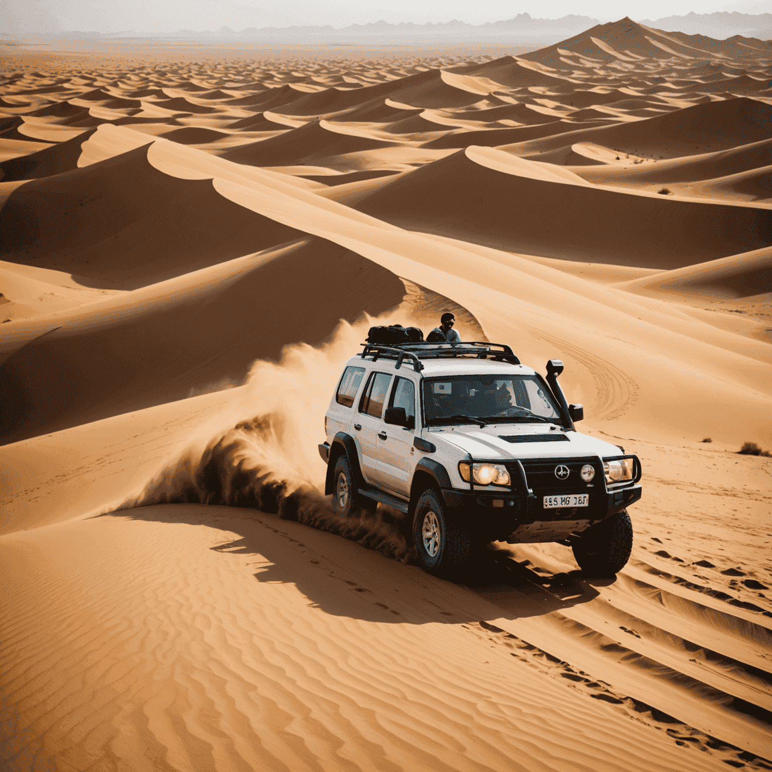 A group of tourists enjoying a thrilling dune bashing ride in a 4x4 vehicle, traversing steep sand dunes in the UAE desert