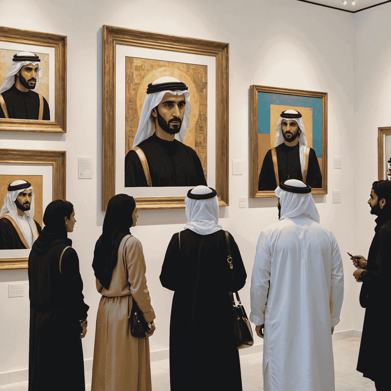 Modern art gallery in Dubai showcasing contemporary Emirati artwork with visitors admiring the pieces