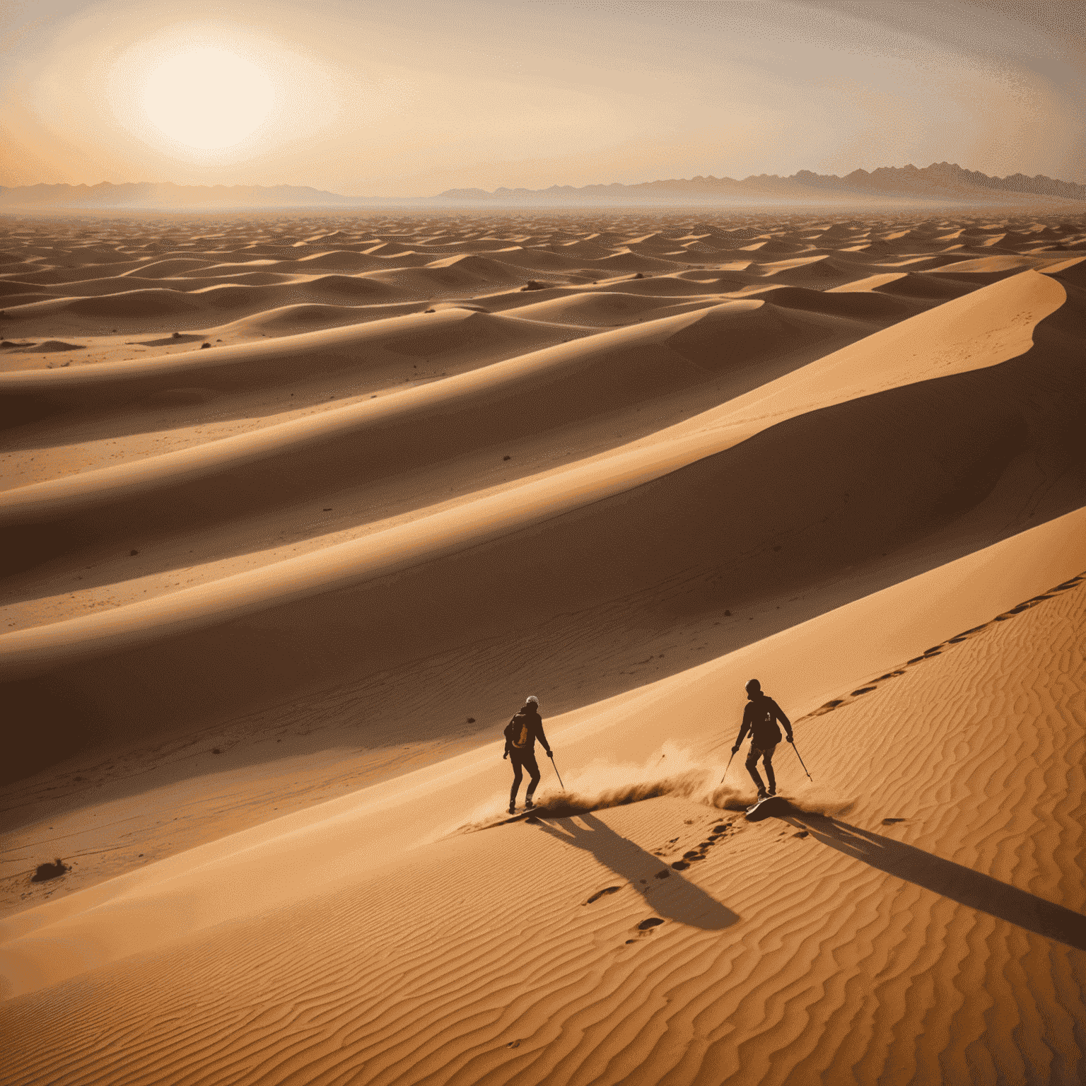 Person sandboarding down a large sand dune in the UAE desert at sunset