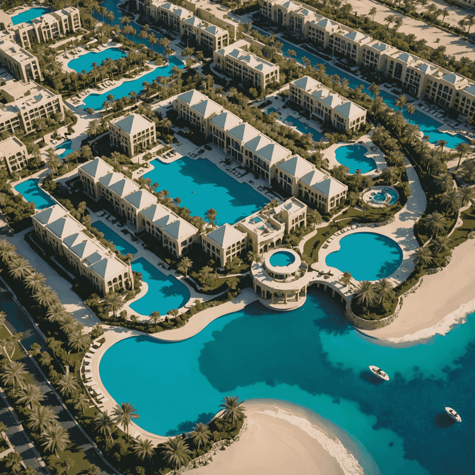Aerial view of a luxurious Dubai resort with infinity pools overlooking the Persian Gulf, surrounded by lush gardens and pristine beaches