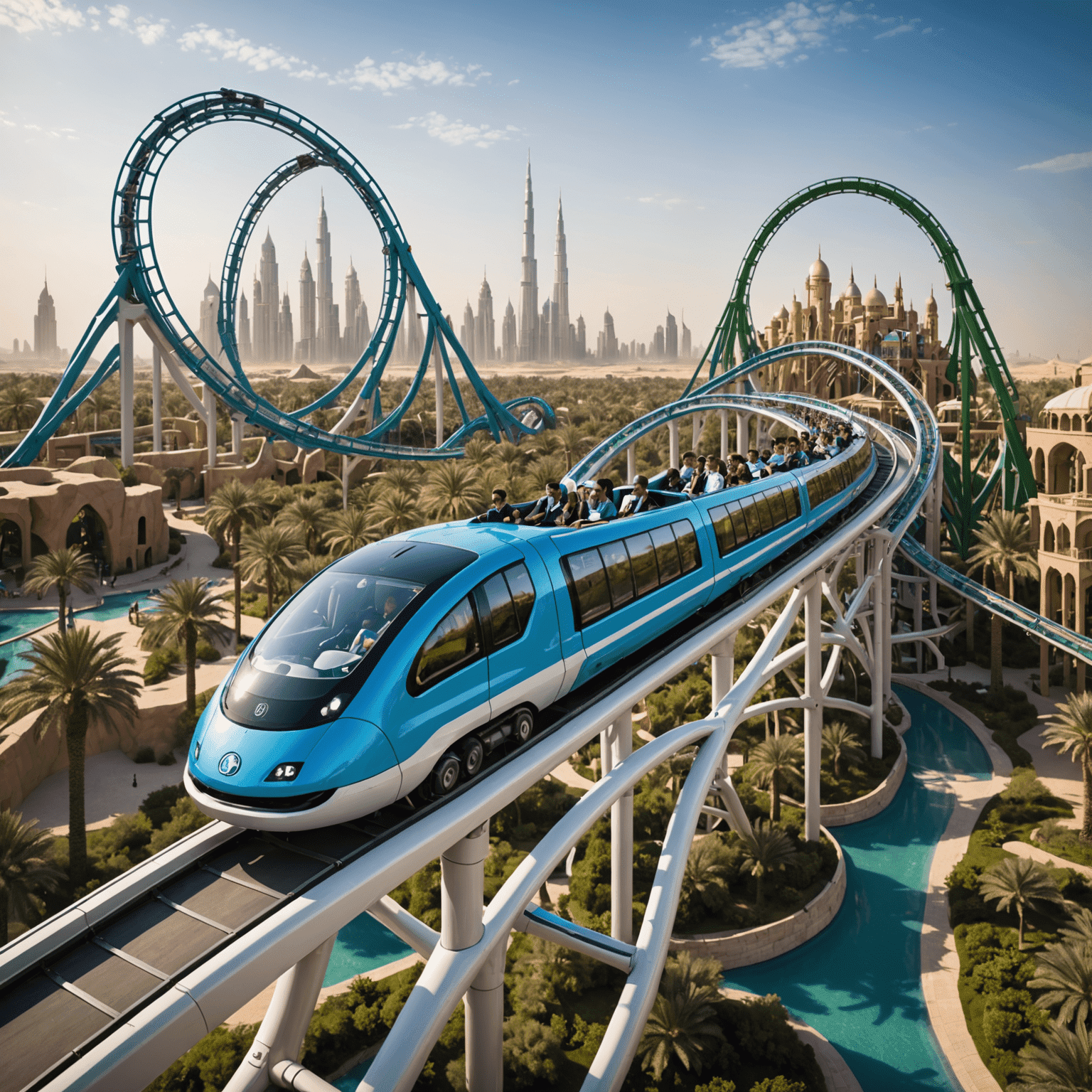 A futuristic, eco-friendly roller coaster at a Dubai theme park, showcasing energy-efficient technology and sustainable materials
