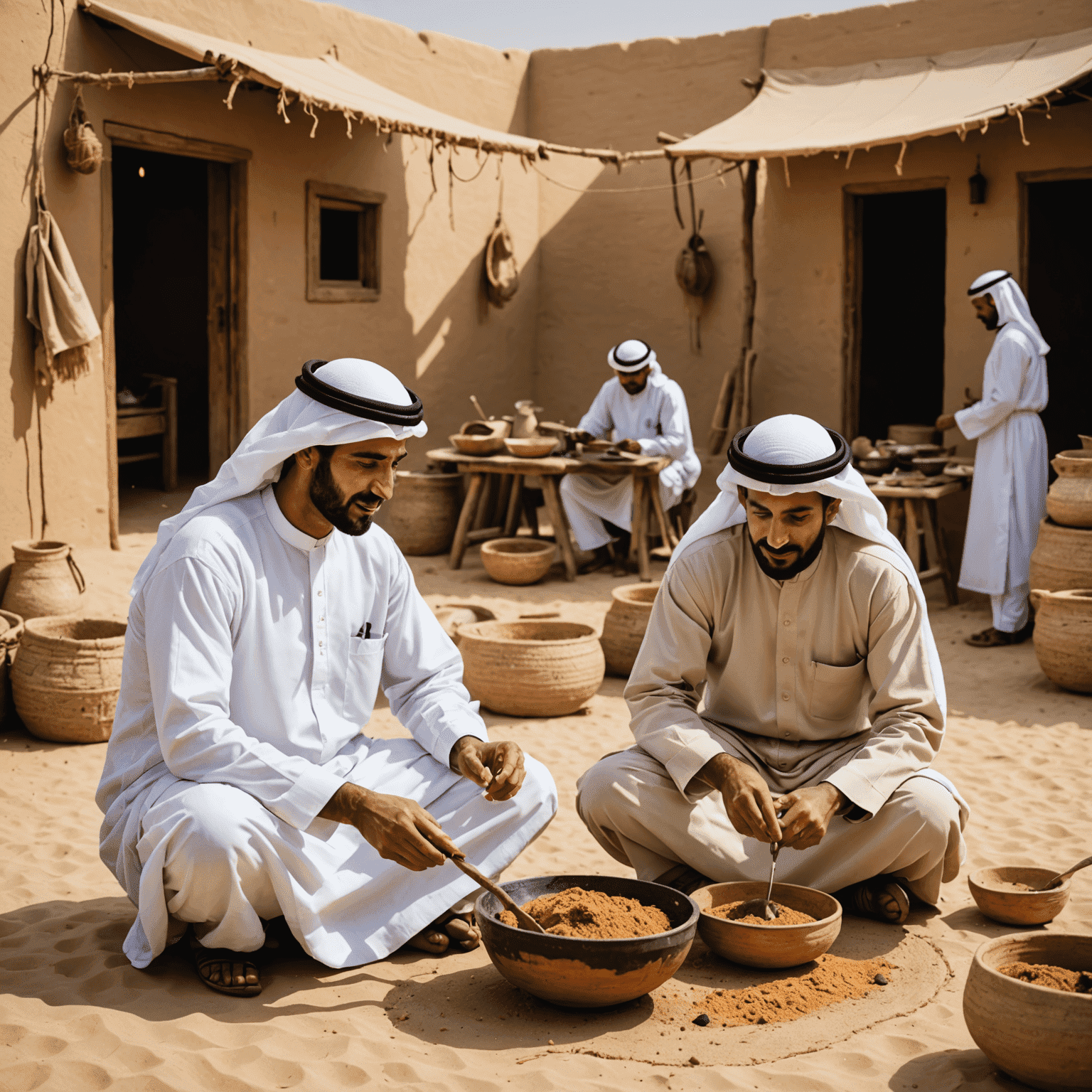 Traditional Emirati village recreation with artisans demonstrating crafts and cooking techniques