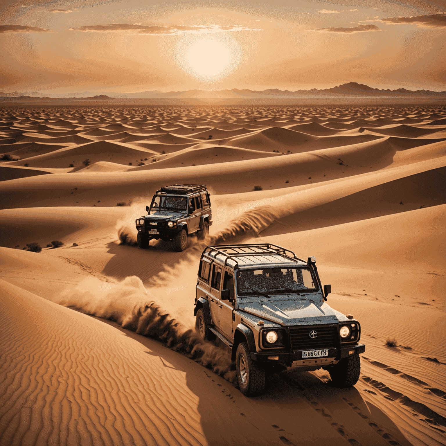 Thrilling desert safari scene with 4x4 vehicles driving over sand dunes at sunset