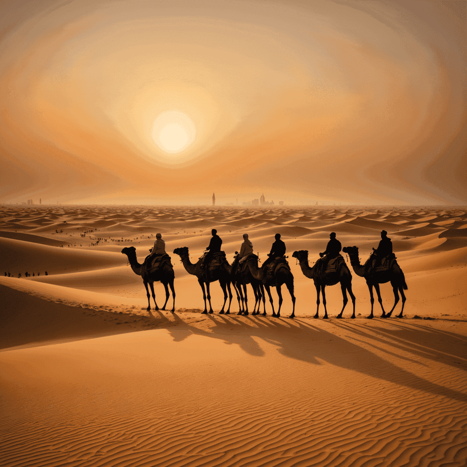 A line of tourists riding camels at sunset in the Dubai desert, silhouetted against an orange sky with sand dunes in the background