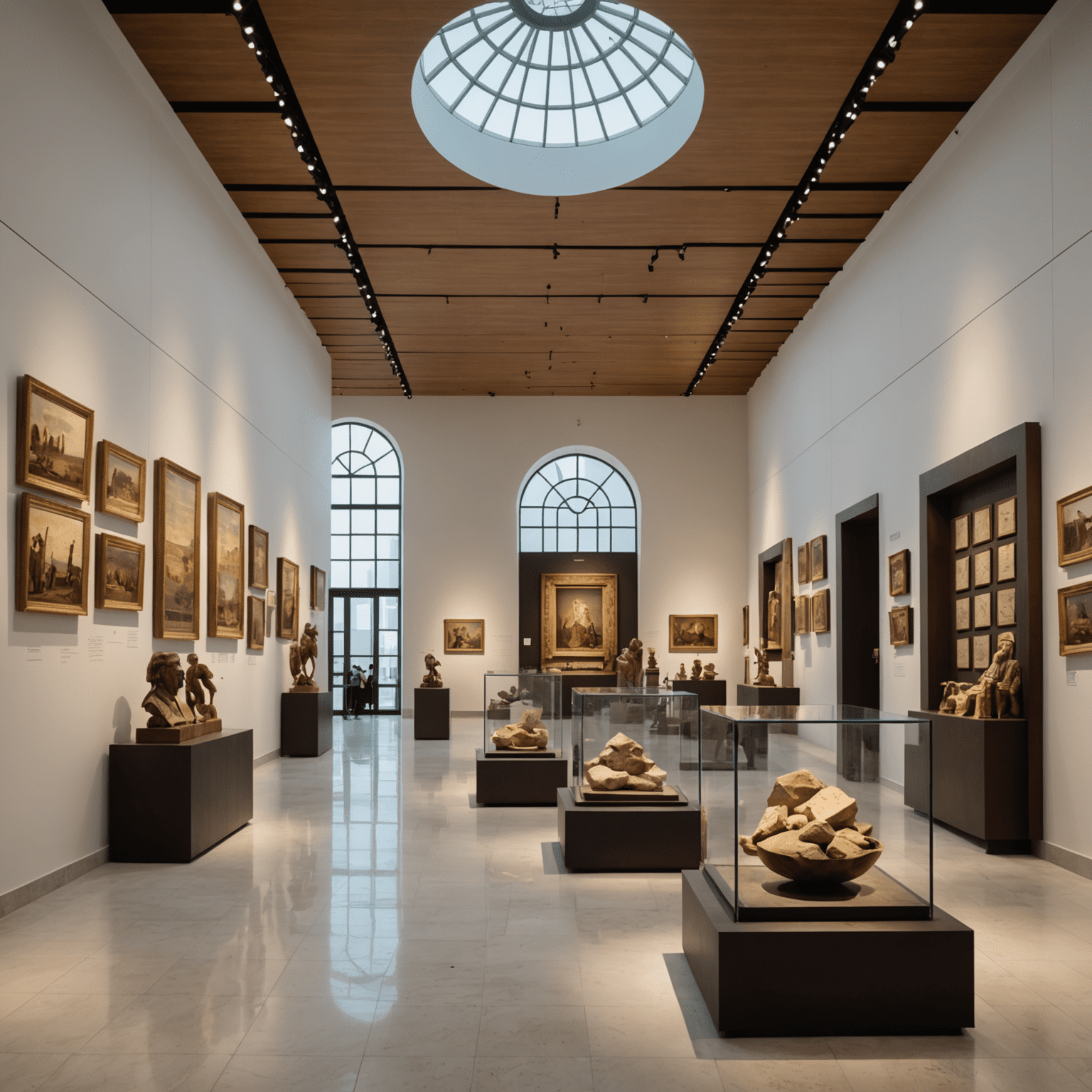 Interior of a modern museum in Abu Dhabi displaying historical artifacts and interactive exhibits about UAE's history