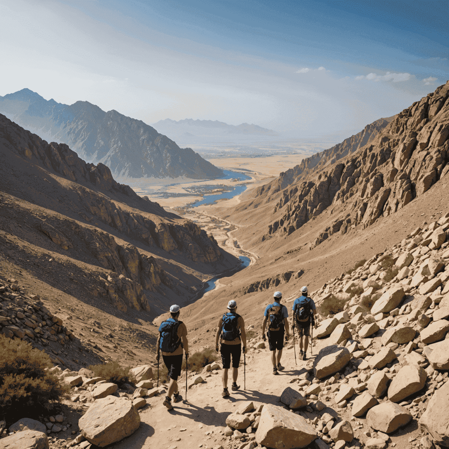 Hikers trekking along a rocky mountain trail with panoramic views of Ras Al Khaimah