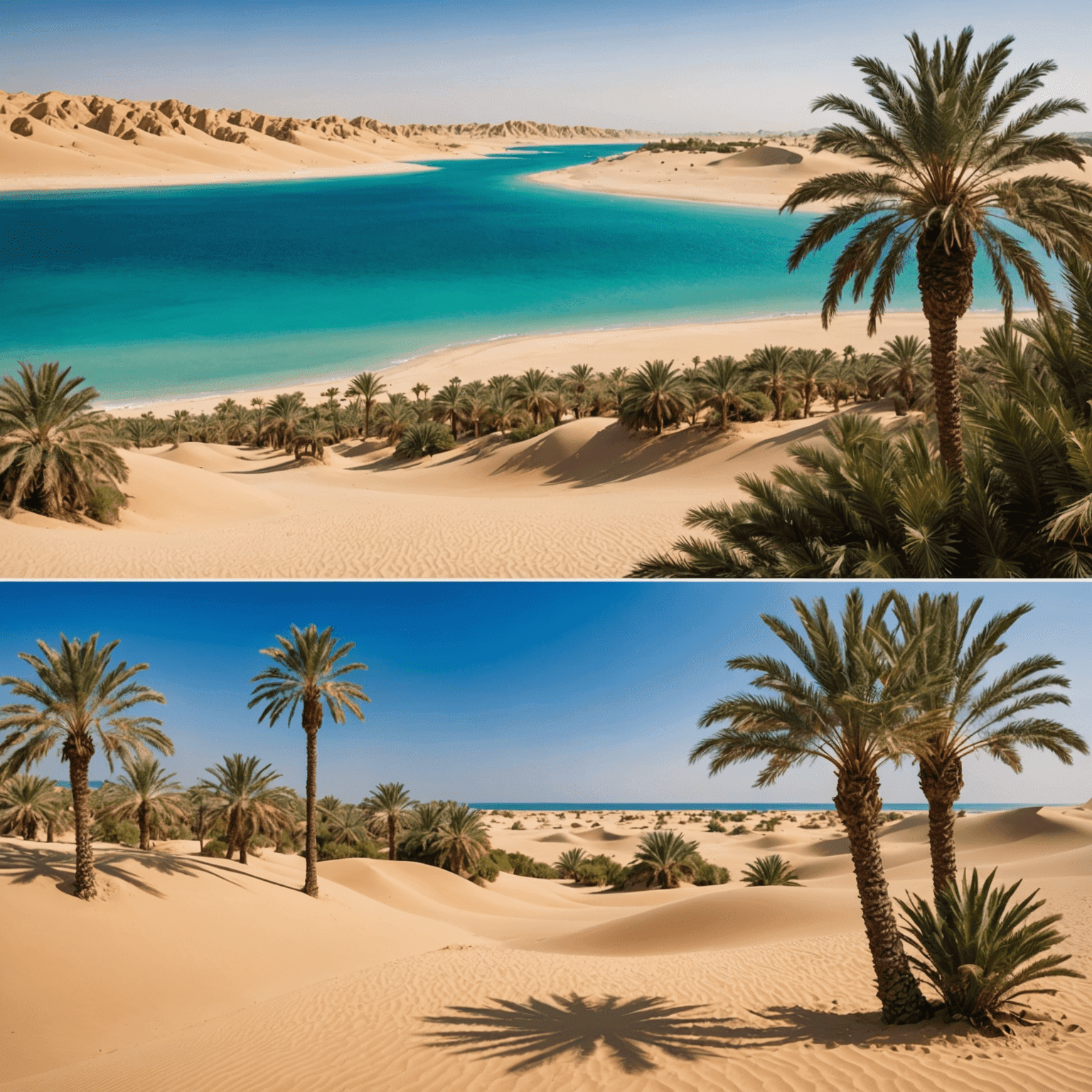 Collage of secluded UAE beaches and hidden desert oases, showcasing pristine sand dunes, crystal-clear waters, and lush palm-fringed oases