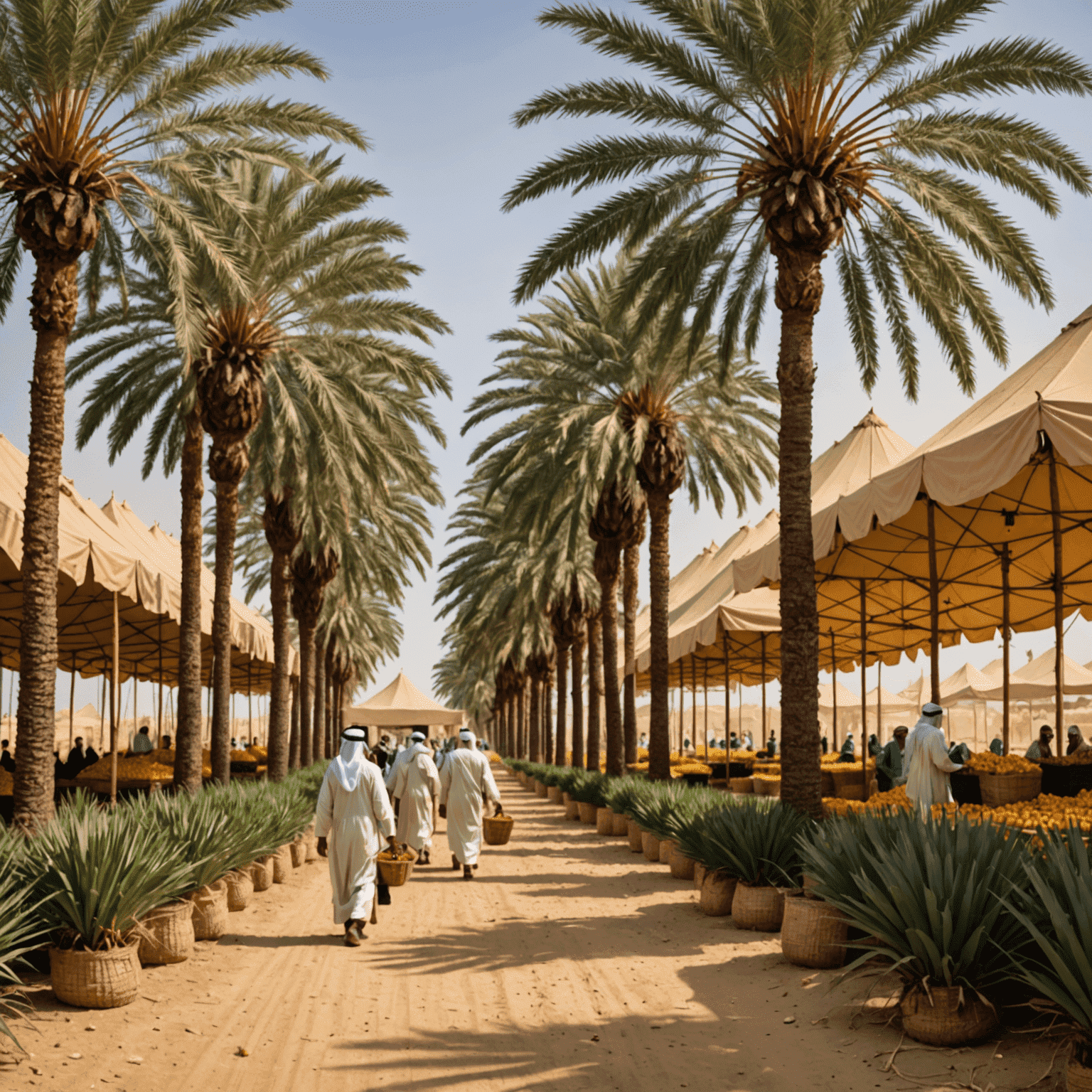 Rows of date palms with traditional Emirati farmers harvesting dates, festival tents in the background