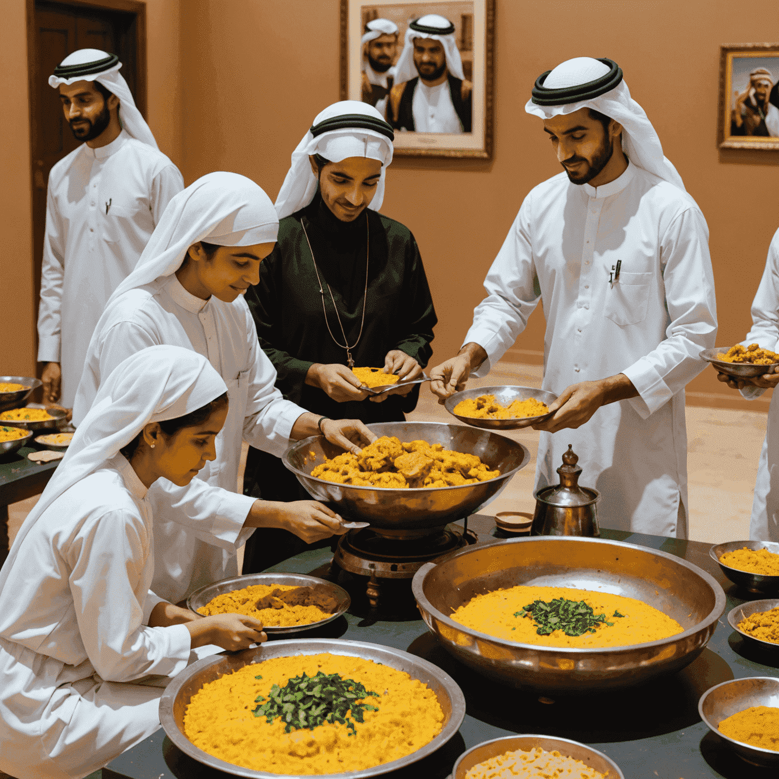 Collage of Emirati cultural experiences: traditional cooking class, art gallery visit, and museum tour with artifacts