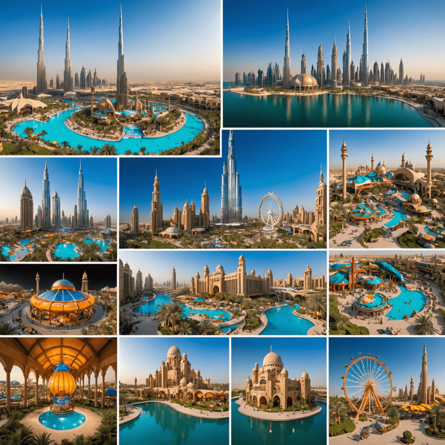 Exciting collage of Dubai's famous theme parks including IMG Worlds of Adventure and Dubai Parks and Resorts