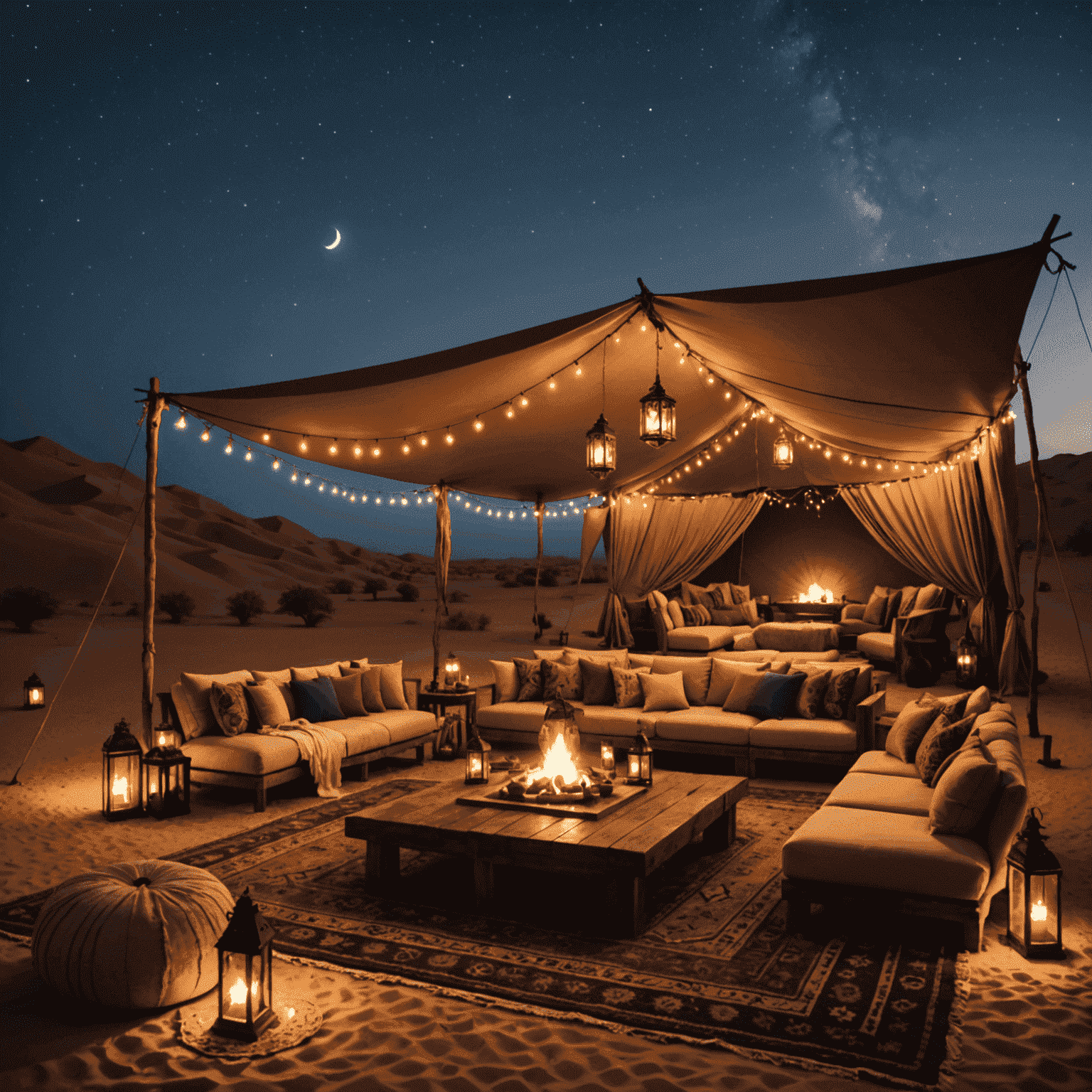 A luxurious Bedouin-style camp in the desert with comfortable seating areas, traditional rugs, and lanterns creating a magical atmosphere under the night sky