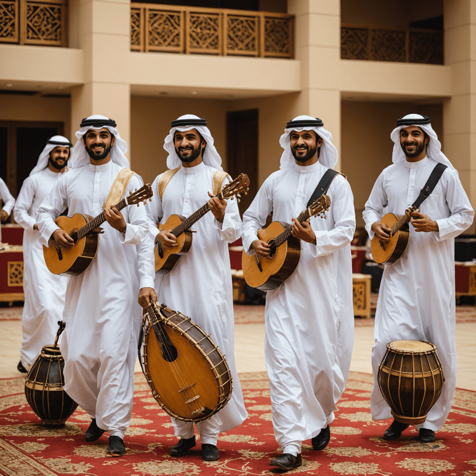 Emirati performers in traditional costumes performing a folk dance with musical instruments in a cultural center