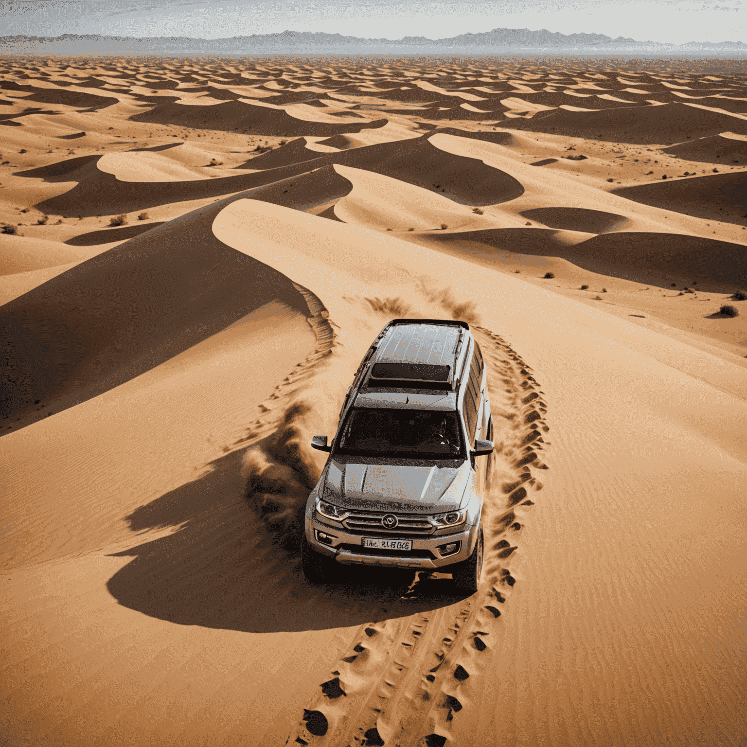 4x4 vehicle driving over large sand dunes in the desert