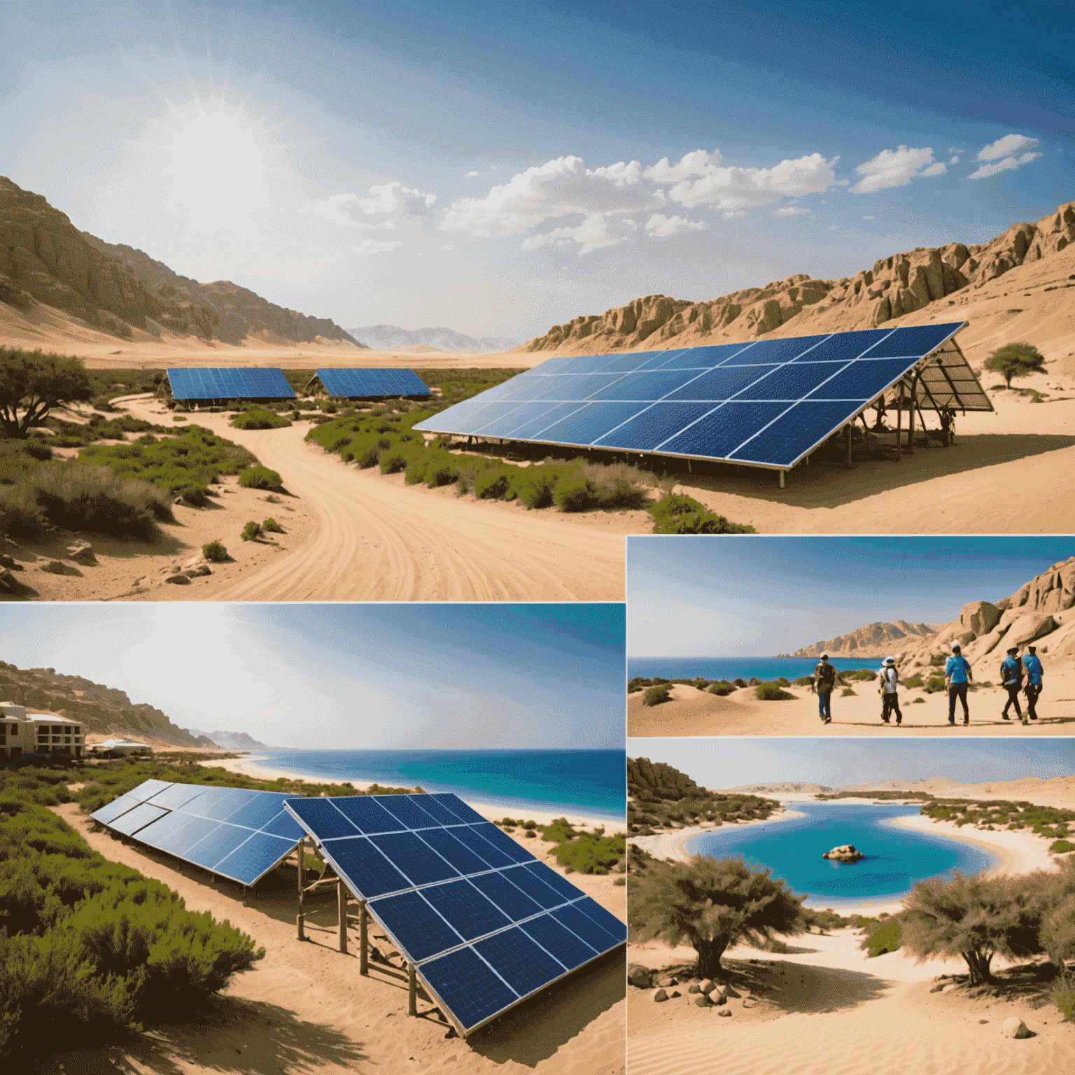 Montage of eco-friendly resorts, solar panels, and tourists engaged in conservation activities in UAE's natural landscapes