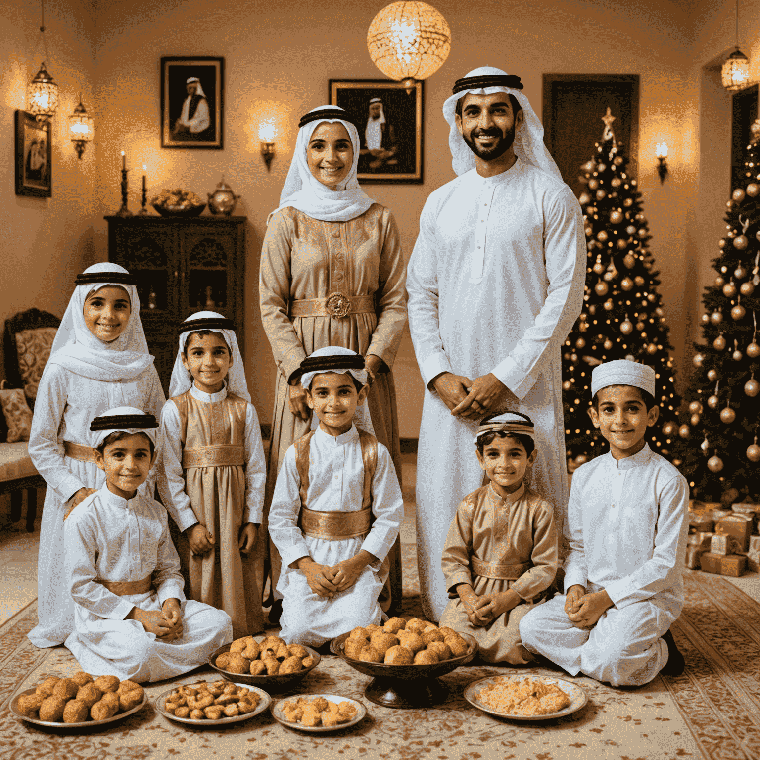 Families in traditional Emirati dress celebrating Eid, with festive decorations and feasts