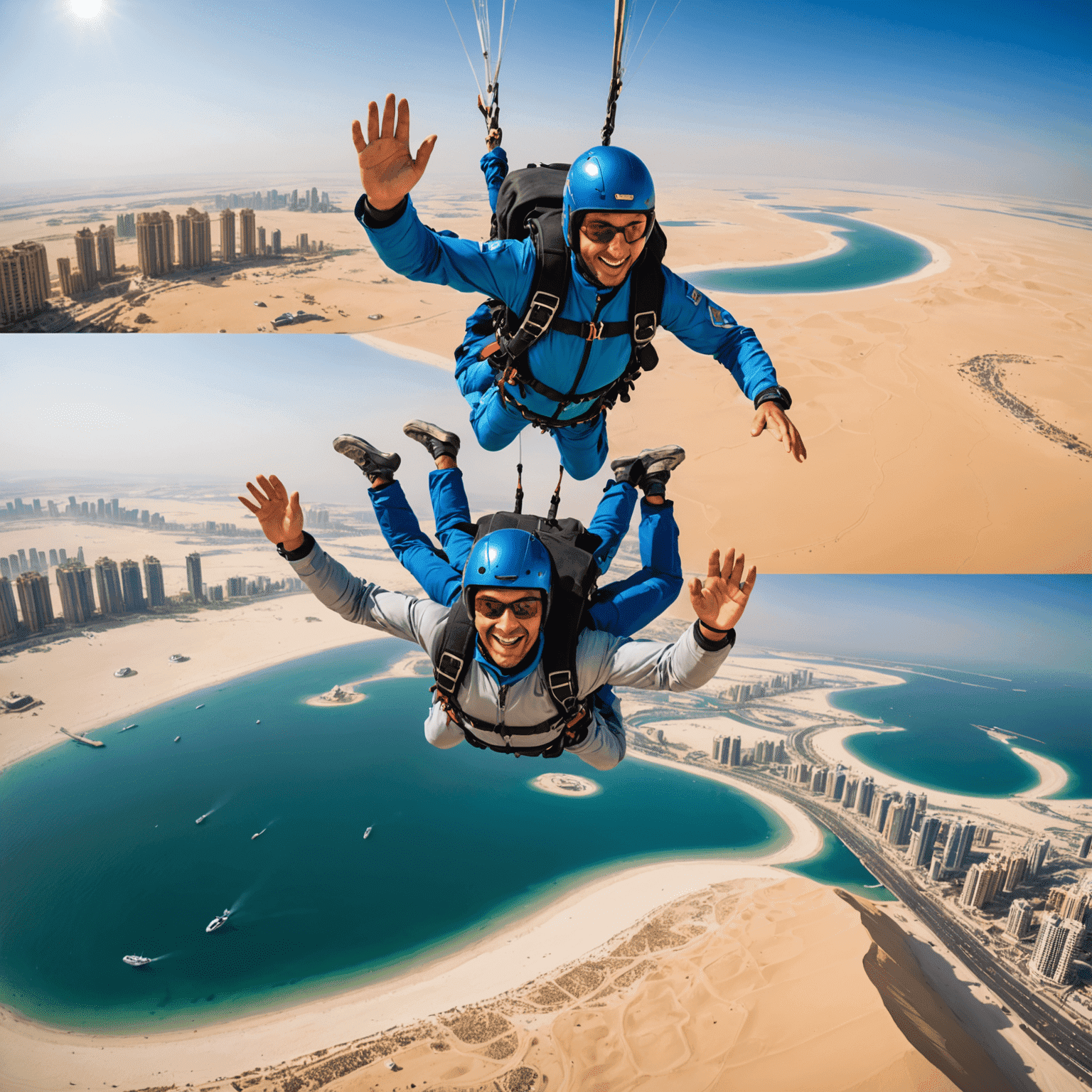 Montage of adventure activities: skydiving over Palm Jumeirah, sandboarding in the desert, and mountain hiking in Ras Al Khaimah