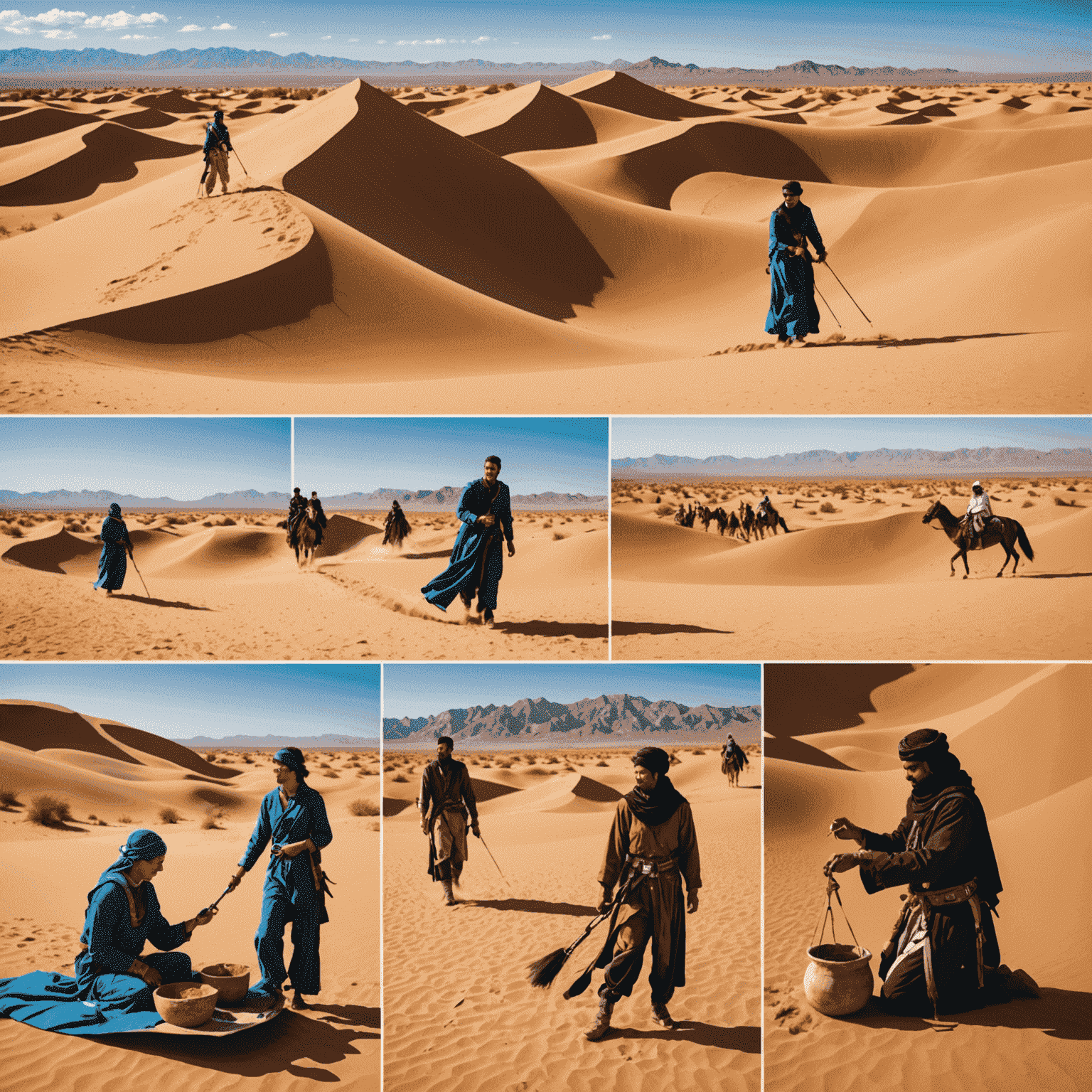 Collage of desert activities including sandboarding, henna painting, and falconry demonstration in a picturesque desert setting
