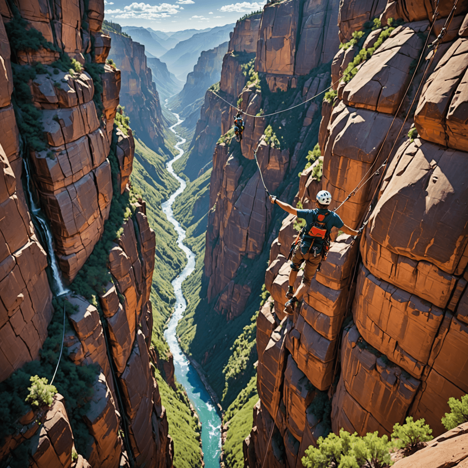 Person zip lining across a deep canyon with mountain views
