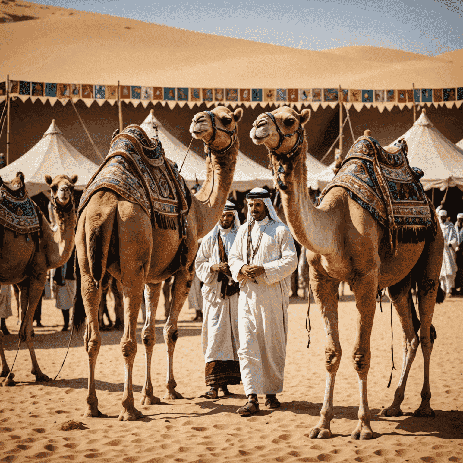Camel beauty contest with elaborately decorated camels, traditional Bedouin tents in the background